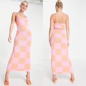 Peppermayo Pink & Peach Checkered Maxi Dress Cotton M/L Beach and Resort Style